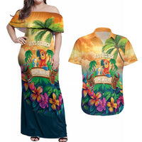 5 Oclock Somewhere Personalized Couples Matching Off Shoulder Maxi Dress and Hawaiian Shirt Hawaii Parrots Plumeria Summer Vibe - Polynesian Pride