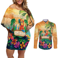5 Oclock Somewhere Personalized Couples Matching Off Shoulder Short Dress and Long Sleeve Button Shirt Hawaii Parrots Plumeria Summer Vibe LT9 Yellow - Polynesian Pride