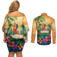 5 Oclock Somewhere Personalized Couples Matching Off Shoulder Short Dress and Long Sleeve Button Shirt Hawaii Parrots Plumeria Summer Vibe LT9 - Polynesian Pride