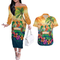 5 Oclock Somewhere Personalized Couples Matching Off The Shoulder Long Sleeve Dress and Hawaiian Shirt Hawaii Parrots Plumeria Summer Vibe - Polynesian Pride