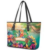 5 Oclock Somewhere Personalized Leather Tote Bag Hawaii Parrots Plumeria Summer Vibe - Polynesian Pride
