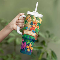 5 Oclock Somewhere Personalized Tumbler With Handle Hawaii Parrots Plumeria Summer Vibe - Polynesian Pride