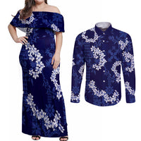 Mokihana Maile and Ilima Leis Couples Matching Off Shoulder Maxi Dress and Long Sleeve Button Shirt Uliuli Hawaiian Tapa Quilt Pattern - Polynesian Pride