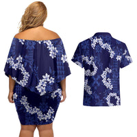 Mokihana Maile and Ilima Leis Couples Matching Off Shoulder Short Dress and Hawaiian Shirt Uliuli Hawaiian Tapa Quilt Pattern - Polynesian Pride