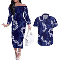 Mokihana Maile and Ilima Leis Couples Matching Off The Shoulder Long Sleeve Dress and Hawaiian Shirt Uliuli Hawaiian Tapa Quilt Pattern - Polynesian Pride