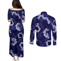 Mokihana Maile and Ilima Leis Couples Matching Puletasi and Long Sleeve Button Shirt Uliuli Hawaiian Tapa Quilt Pattern - Polynesian Pride
