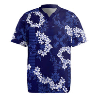 Mokihana Maile and Ilima Leis Rugby Jersey Uliuli Hawaiian Tapa Quilt Pattern LT9 Blue - Polynesian Pride