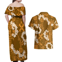Mokihana Maile and Ilima Leis Couples Matching Off Shoulder Maxi Dress and Hawaiian Shirt Alani Hawaiian Tapa Quilt Pattern - Polynesian Pride