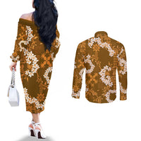 Mokihana Maile and Ilima Leis Couples Matching Off The Shoulder Long Sleeve Dress and Long Sleeve Button Shirt Alani Hawaiian Tapa Quilt Pattern - Polynesian Pride
