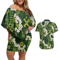 Mokihana Maile and Ilima Leis Couples Matching Off Shoulder Short Dress and Hawaiian Shirt Omaʻomaʻo Hawaiian Tapa Quilt Pattern - Polynesian Pride