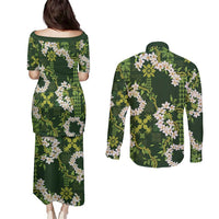 Mokihana Maile and Ilima Leis Couples Matching Puletasi and Long Sleeve Button Shirt Omaʻomaʻo Hawaiian Tapa Quilt Pattern - Polynesian Pride