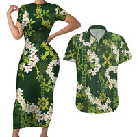 Mokihana Maile and Ilima Leis Couples Matching Short Sleeve Bodycon Dress and Hawaiian Shirt Omaʻomaʻo Hawaiian Tapa Quilt Pattern - Polynesian Pride