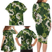 Mokihana Maile and Ilima Leis Family Matching Long Sleeve Bodycon Dress and Hawaiian Shirt Omaʻomaʻo Hawaiian Tapa Quilt Pattern - Polynesian Pride