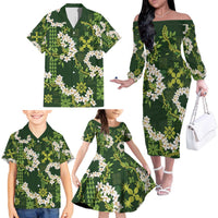 Mokihana Maile and Ilima Leis Family Matching Off The Shoulder Long Sleeve Dress and Hawaiian Shirt Omaʻomaʻo Hawaiian Tapa Quilt Pattern - Polynesian Pride