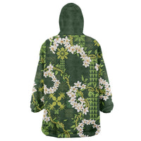 Mokihana Maile and Ilima Leis Wearable Blanket Hoodie Omaʻomaʻo Hawaiian Tapa Quilt Pattern - Polynesian Pride