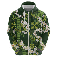 Mokihana Maile and Ilima Leis Zip Hoodie Omaʻomaʻo Hawaiian Tapa Quilt Pattern - Polynesian Pride