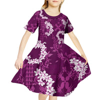 Mokihana Maile and Ilima Leis Kid Short Sleeve Dress Akala Hawaiian Tapa Quilt Pattern - Polynesian Pride