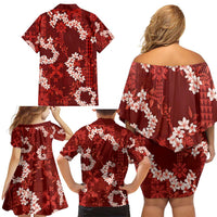Mokihana Maile and Ilima Leis Family Matching Off Shoulder Short Dress and Hawaiian Shirt Ulaʻula Hawaiian Tapa Quilt Pattern - Polynesian Pride