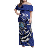 Personalized FSM 1986 Independence Day Family Matching Off Shoulder Maxi Dress and Hawaiian Shirt Polynesian Shark Tattoo Style
