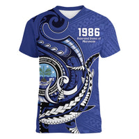 Personalized FSM 1986 Independence Day Women V-Neck T-Shirt Polynesian Shark Tattoo Style LT9 Female Blue - Polynesian Pride