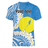 Personalized Palau 1994 Belau Rekid Women V-Neck T-Shirt Polynesian Plumeria Style