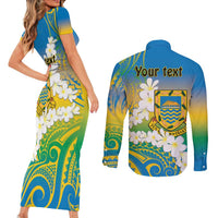 Personalised Tuvalu 1978 Independence Day Couples Matching Short Sleeve Bodycon Dress and Long Sleeve Button Shirt Polynesian Plumeria Style