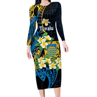 Personalised Tuvalu Beautiful Plumeria Flower Long Sleeve Bodycon Dress LT9 Long Dress Black - Polynesian Pride