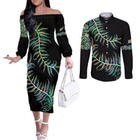 New Zealand Couples Matching Off The Shoulder Long Sleeve Dress and Long Sleeve Button Shirt Aotearoa Silver Fern Mixed Papua Shell Green Vibe LT9 Green - Polynesian Pride