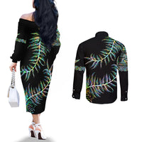 New Zealand Couples Matching Off The Shoulder Long Sleeve Dress and Long Sleeve Button Shirt Aotearoa Silver Fern Mixed Papua Shell Green Vibe LT9 - Polynesian Pride
