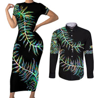 New Zealand Couples Matching Short Sleeve Bodycon Dress and Long Sleeve Button Shirt Aotearoa Silver Fern Mixed Papua Shell Green Vibe LT9 Green - Polynesian Pride