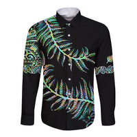 New Zealand Long Sleeve Button Shirt Aotearoa Silver Fern Mixed Papua Shell Green Vibe LT9 Unisex Green - Polynesian Pride