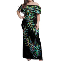 New Zealand Off Shoulder Maxi Dress Aotearoa Silver Fern Mixed Papua Shell Green Vibe LT9 Women Green - Polynesian Pride