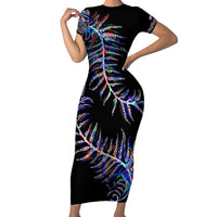 New Zealand Short Sleeve Bodycon Dress Aotearoa Silver Fern Mixed Papua Shell Purple Vibe LT9 Long Dress Purple - Polynesian Pride
