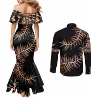 New Zealand Couples Matching Mermaid Dress and Long Sleeve Button Shirt Aotearoa Silver Fern Mixed Papua Shell Red Vibe LT9 - Polynesian Pride