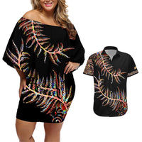 New Zealand Couples Matching Off Shoulder Short Dress and Hawaiian Shirt Aotearoa Silver Fern Mixed Papua Shell Red Vibe LT9 Red - Polynesian Pride