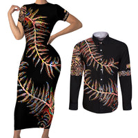 New Zealand Couples Matching Short Sleeve Bodycon Dress and Long Sleeve Button Shirt Aotearoa Silver Fern Mixed Papua Shell Red Vibe LT9 Red - Polynesian Pride