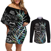 Custom New Zealand Rugby Couples Matching Off Shoulder Short Dress and Long Sleeve Button Shirt NZ Black Fern Champions History With Papua Shell LT9 Black - Polynesian Pride