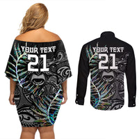 Custom New Zealand Rugby Couples Matching Off Shoulder Short Dress and Long Sleeve Button Shirt NZ Black Fern Champions History With Papua Shell LT9 - Polynesian Pride