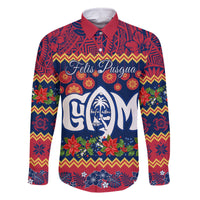 Personalised Guam Christmas Family Matching Off Shoulder Short Dress and Hawaiian Shirt Felis Pusgua Santa Beach Polynesian Pattern LT9 Dad's Shirt - Long Sleeve Blue - Polynesian Pride