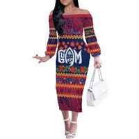 Personalised Guam Christmas Off The Shoulder Long Sleeve Dress Felis Pusgua Santa Beach Polynesian Pattern LT9 Women Blue - Polynesian Pride