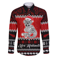 Personalised New Zealand Christmas Family Matching Off Shoulder Long Sleeve Dress and Hawaiian Shirt Maori Tiki Meri Kirihimete LT9 Dad's Shirt - Long Sleeve Red - Polynesian Pride
