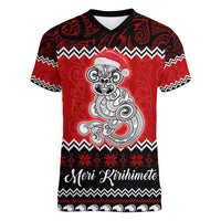 Personalised New Zealand Christmas Women V Neck T Shirt Maori Tiki Meri Kirihimete LT9 Female Red - Polynesian Pride