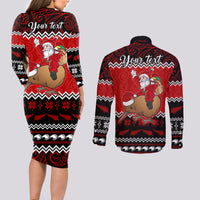 Personalised New Zealand Christmas Couples Matching Long Sleeve Bodycon Dress and Long Sleeve Button Shirt Kiwi Santa Claus Maori Meri Kirihimete LT9 - Polynesian Pride