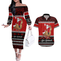 Personalised New Zealand Christmas Couples Matching Off The Shoulder Long Sleeve Dress and Hawaiian Shirt Kiwi Santa Claus Maori Meri Kirihimete LT9 Red - Polynesian Pride