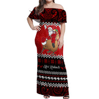 Personalised New Zealand Christmas Off Shoulder Maxi Dress Kiwi Santa Claus Maori Meri Kirihimete LT9 Women Red - Polynesian Pride