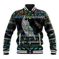 Personalised New Zealand Christmas Baseball Jacket Maori Fern Manaia Meri Kirihimete with Papaua Shell LT9 Unisex Black - Polynesian Pride