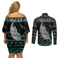Personalised New Zealand Christmas Couples Matching Off Shoulder Short Dress and Long Sleeve Button Shirt Maori Fern Manaia Meri Kirihimete with Papaua Shell LT9 - Polynesian Pride