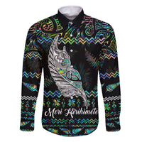 Personalised New Zealand Christmas Family Matching Long Sleeve Bodycon Dress and Hawaiian Shirt Maori Fern Manaia Meri Kirihimete with Papaua Shell LT9 Dad's Shirt - Long Sleeve Black - Polynesian Pride