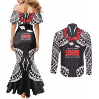 Samoa Black Saturday Couples Matching Mermaid Dress and Long Sleeve Button Shirt Samoa mo Samoa with Black Ula Fala
