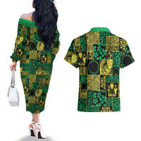 Cook Islands Mere Kiritimiti Couples Matching Off The Shoulder Long Sleeve Dress and Hawaiian Shirt Pacific Patchwork Xmas Vibes - Polynesian Pride
